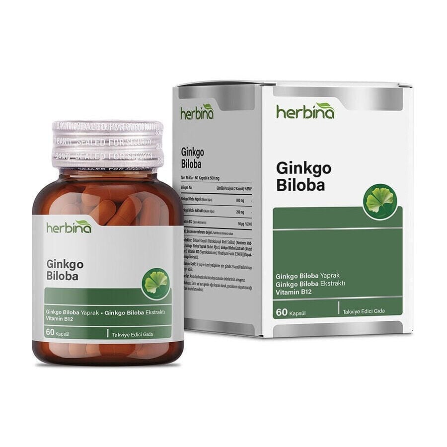 Herbina Ginkgo Biloba kapsül şişesi ve kutusu