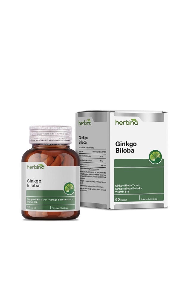 Herbina Ginkgo Biloba kapsül şişesi ve kutusu