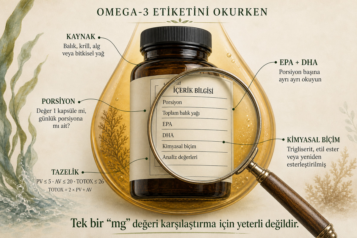 Omega 3 etiketinde kaynak, porsiyon, EPA ve DHA, kimyasal biçim ile tazelik alanları