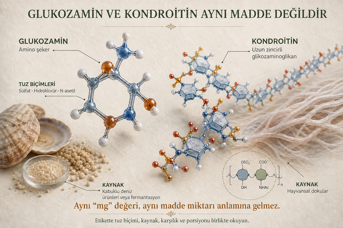 Glukozaminin amino şeker yapısı ile kondroitinin uzun zincirli glikozaminoglikan yapısı ve kaynakları