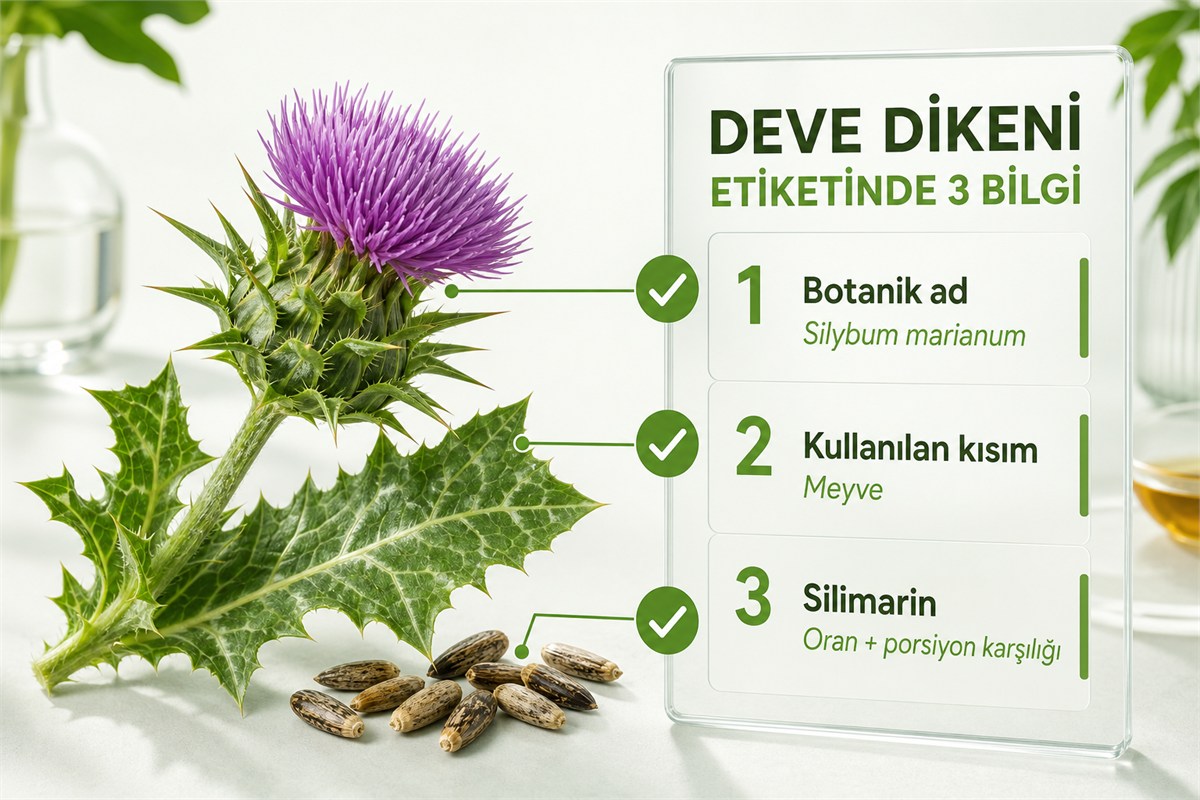Deve dikeni etiketinde botanik ad, kullanılan meyve kısmı ve silimarin standardizasyonunun kontrolü