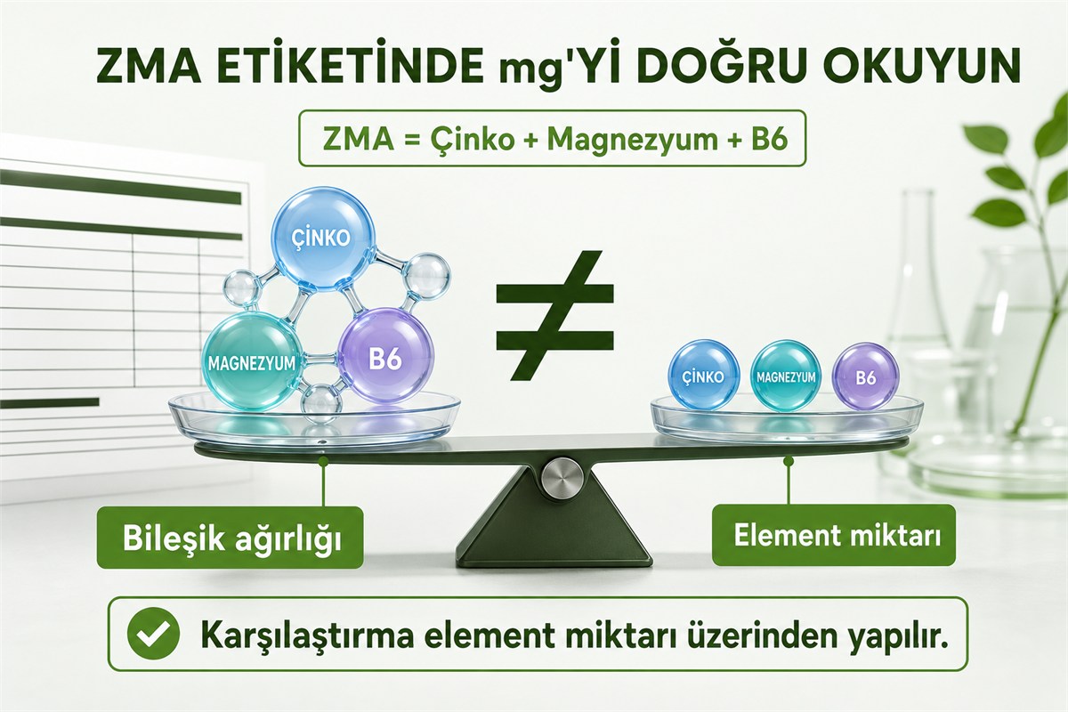 ZMA etiketinde çinko magnezyum ve B6 bileşimi ile bileşik ağırlığı ve element miktarı farkı