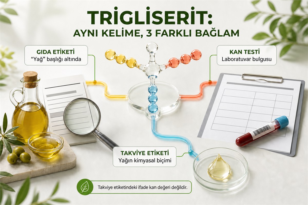 Trigliserit ifadesinin gıda etiketi kan testi ve takviye etiketindeki üç farklı karşılığı