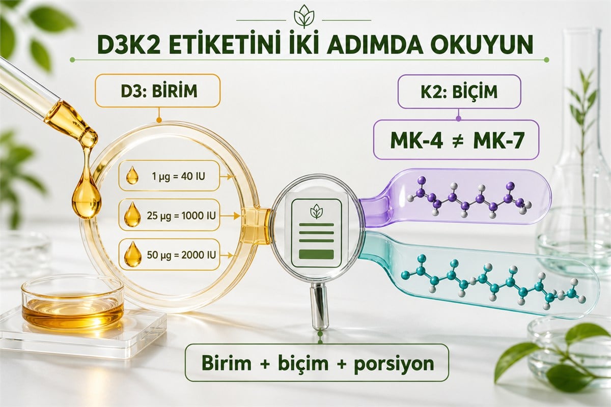 D3K2 etiketinde D vitamini için mikrogram IU dönüşümü ve K2 için MK-4 MK-7 biçim ayrımı