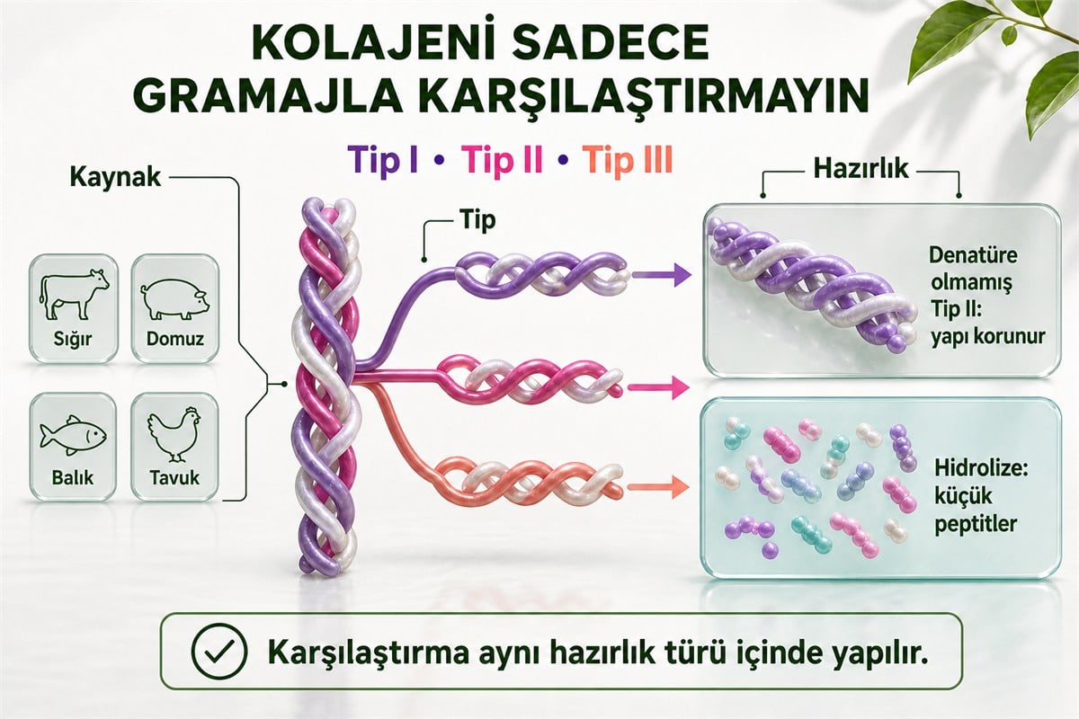 Kolajende tip kaynak ve hazırlık türü ile hidrolize peptit ve denatüre olmamış tip II farkı