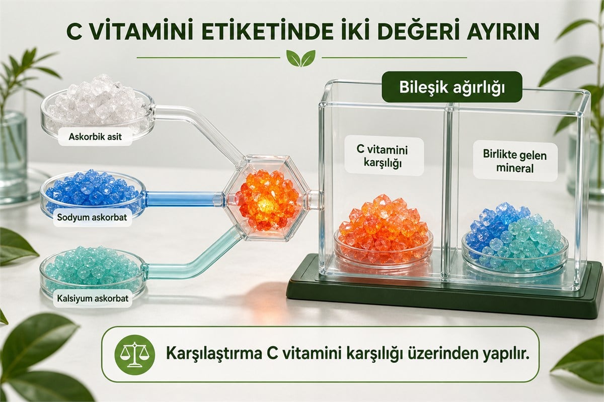 C vitamini etiketinde askorbat bileşiği ağırlığı ile C vitamini karşılığı ve mineral payının ayrımı