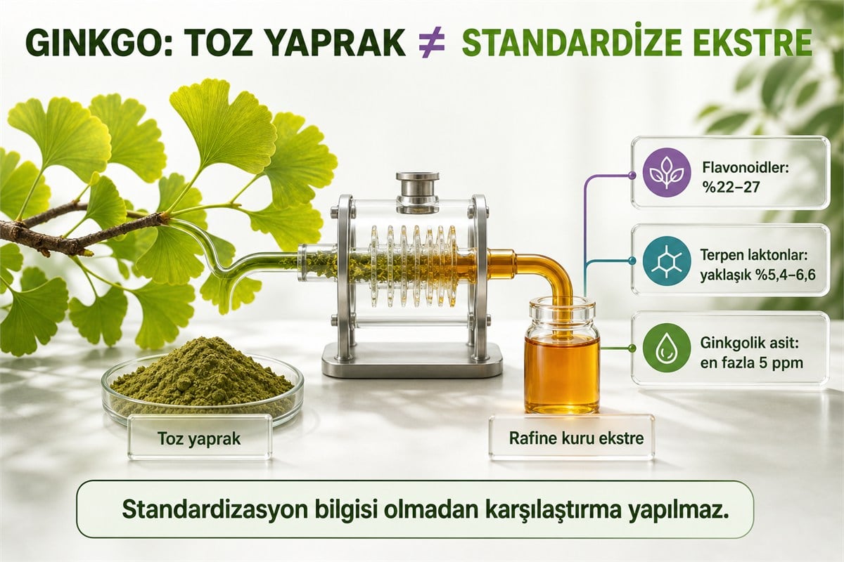 Ginkgo biloba toz yaprak ve rafine kuru ekstre ile flavonoid terpen lakton ve ginkgolik asit ölçütleri