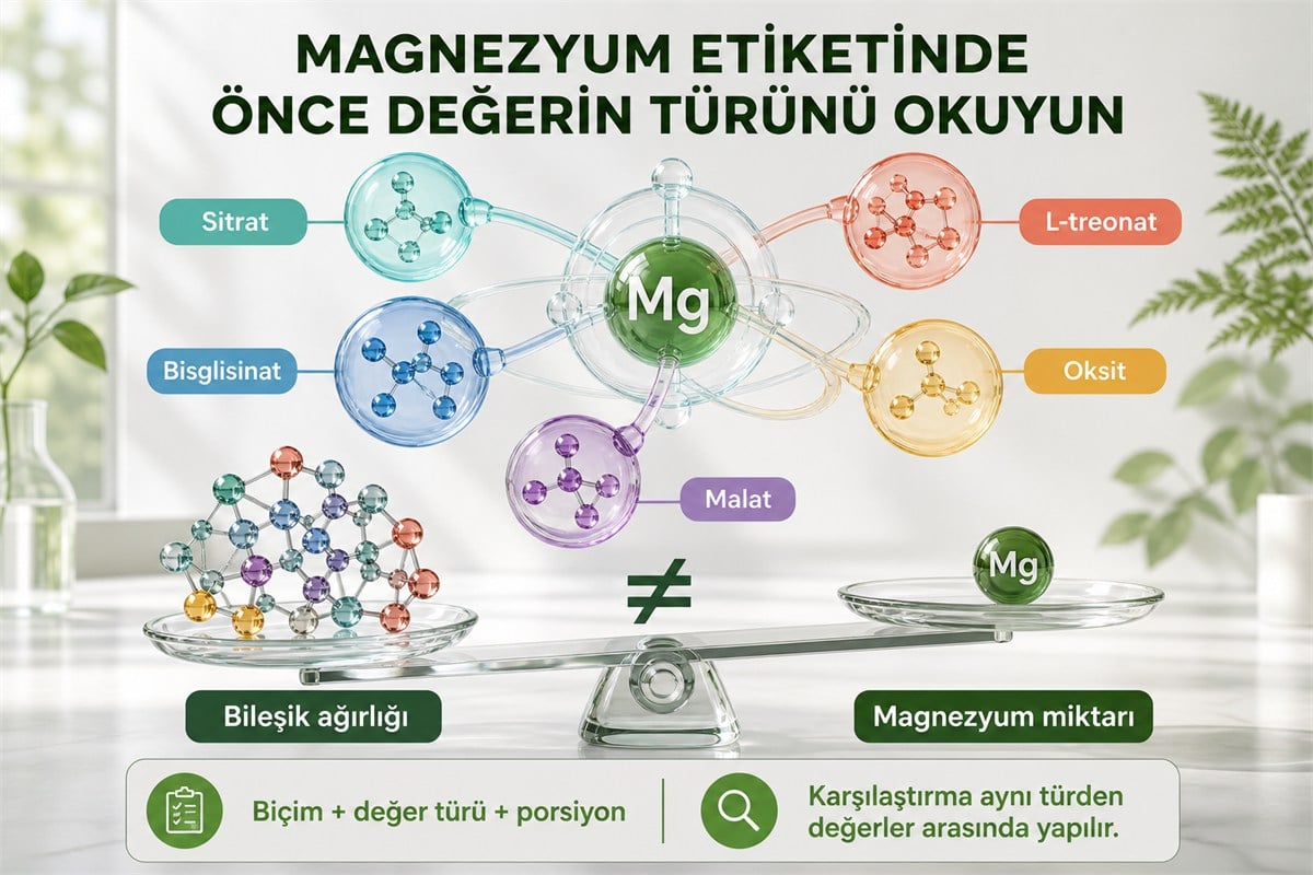 Magnezyum sitrat bisglisinat malat L-treonat ve oksit biçimleri ile bileşik ağırlığı ve magnezyum miktarı farkı