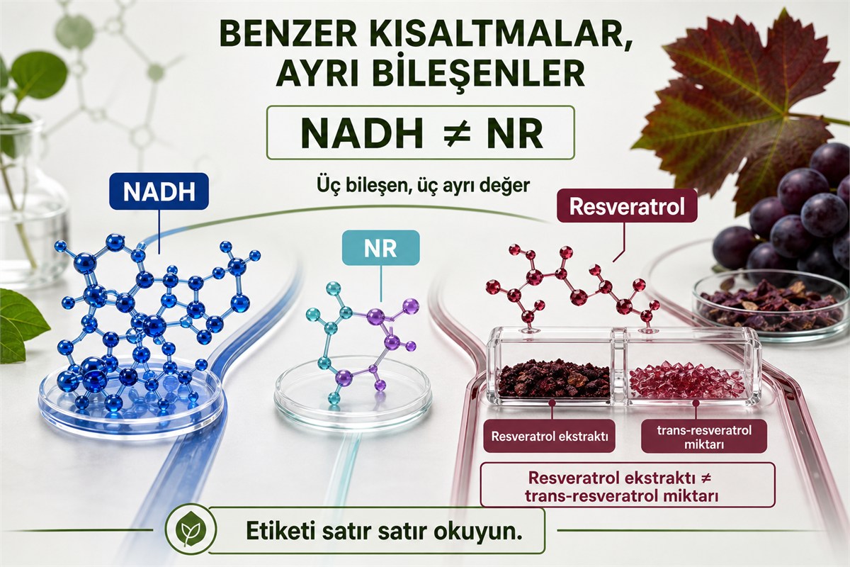 NADH NR ve resveratrolün ayrı bileşenler olması ile resveratrol ekstresi ve trans-resveratrol miktarı farkı