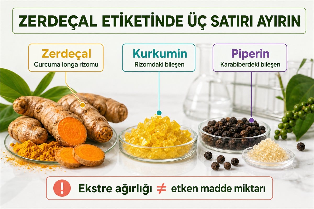 Zerdeçal rizomu kurkumin ve karabiberdeki piperin bileşenlerinin etiket üzerindeki ayrımı
