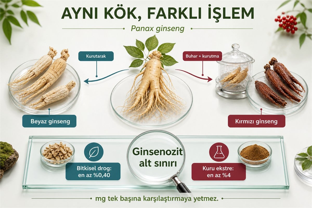 Panax ginseng kökünün kurutularak beyaz ve buharla işlenip kurutularak kırmızı ginsenge dönüşmesi ile ginsenozit alt sınırları