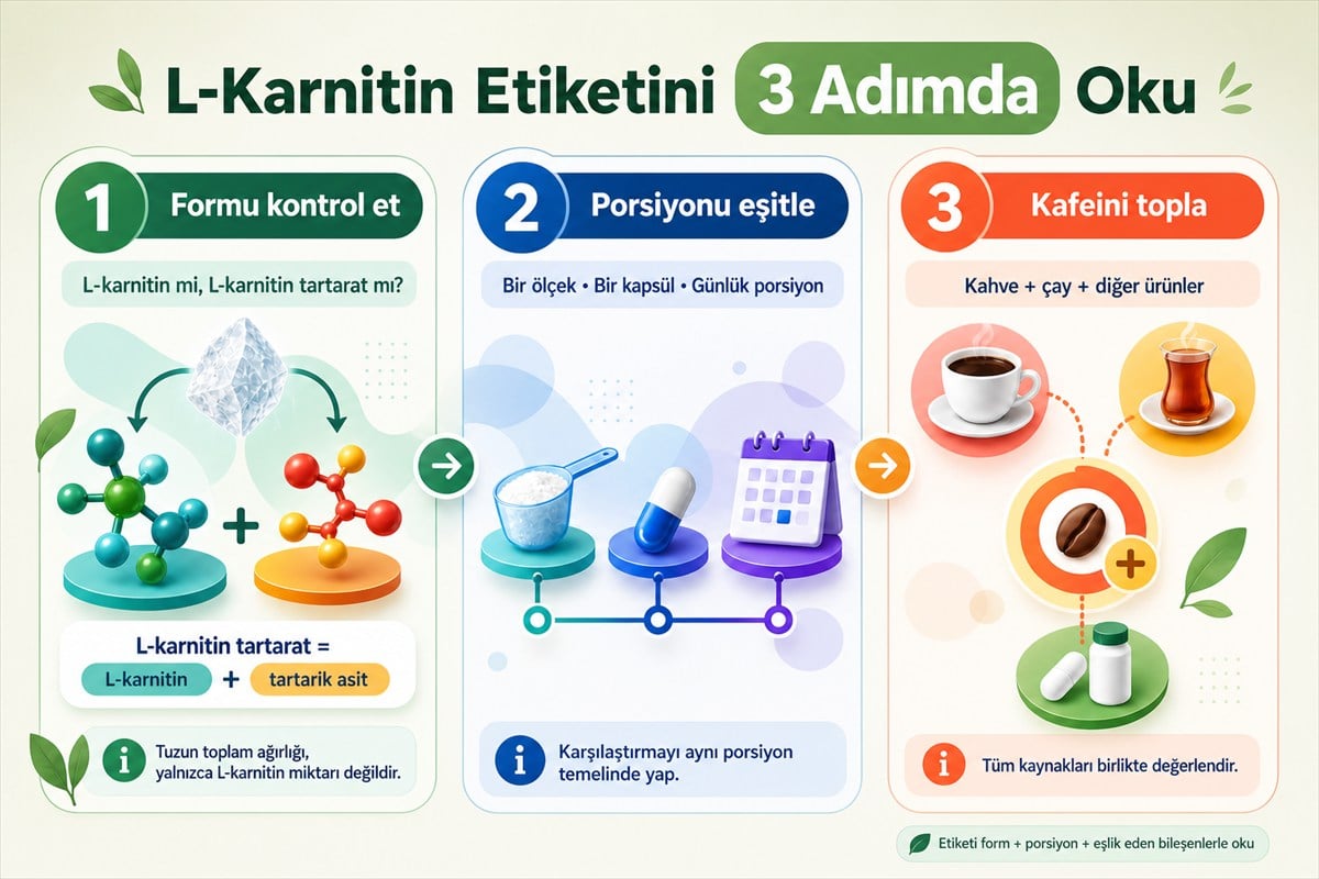 L-karnitin etiketinde form porsiyon temeli ve kafein kaynaklarını kontrol etmenin üç adımı