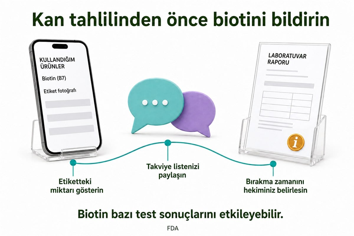 Biotin etiketini gösterme, takviye listesini paylaşma ve hekimin yönlendirmesini izleme adımları