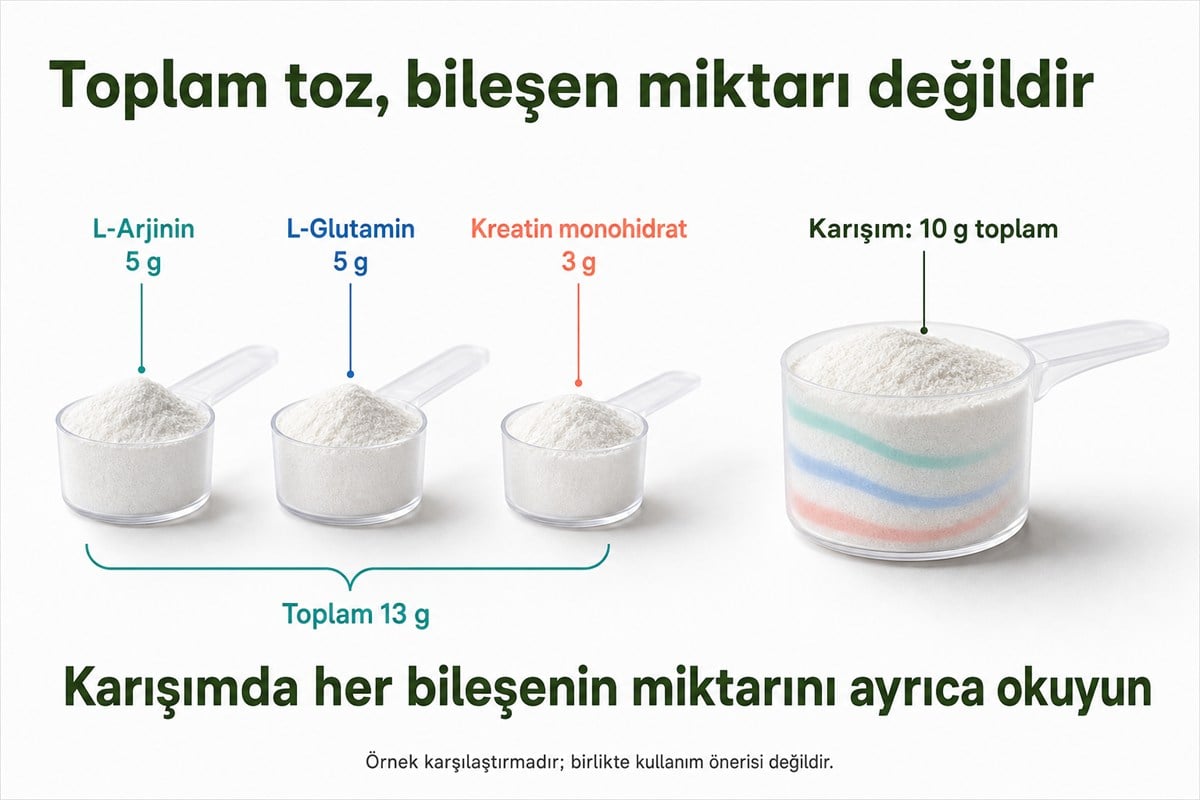 5 g arjinin, 5 g glutamin ve 3 g kreatinin toplam 13 gramı ile 10 gramlık karışımın karşılaştırılması