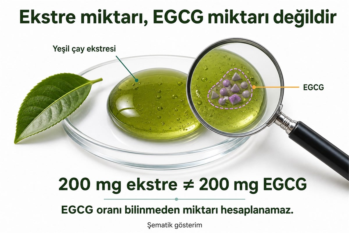200 mg yeşil çay ekstresinin 200 mg EGCG anlamına gelmediğini gösteren şema