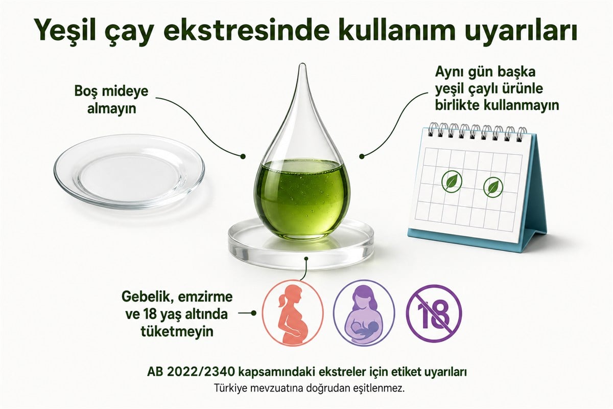 Yeşil çay ekstreleri için boş mide, aynı gün kullanım ve yaş ile gebelik durumlarına ilişkin uyarılar