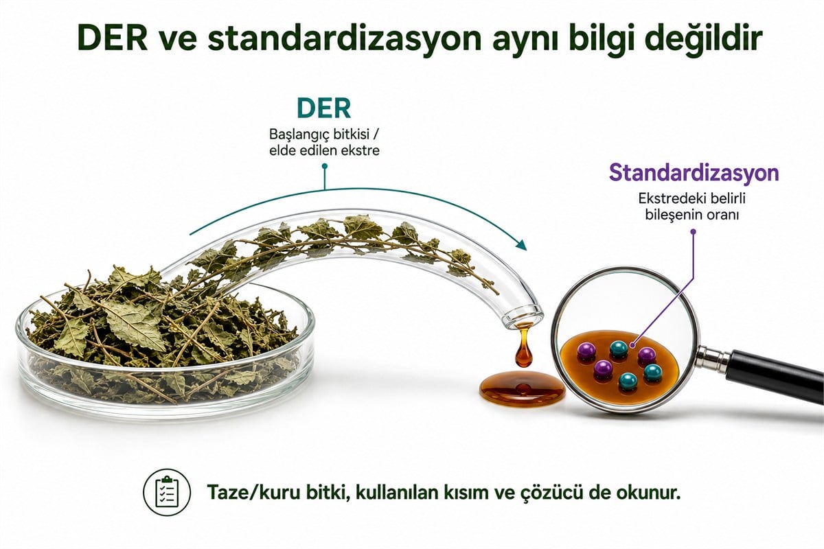DER değerinin başlangıç bitkisi ve ekstre ilişkisini, standardizasyonun bileşen oranını anlatan şema