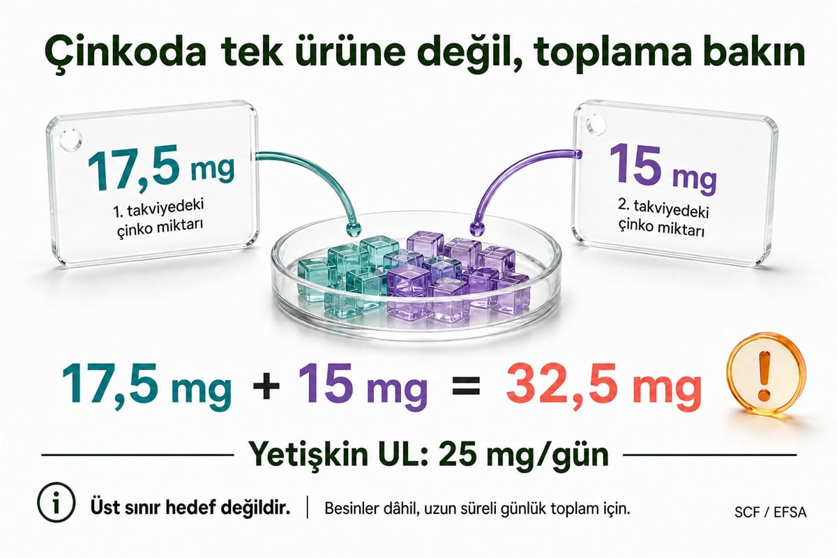 İki takviyedeki 17,5 ve 15 mg çinkonun 32,5 mg toplamı ile yetişkin 25 mg/gün üst sınır karşılaştırması
