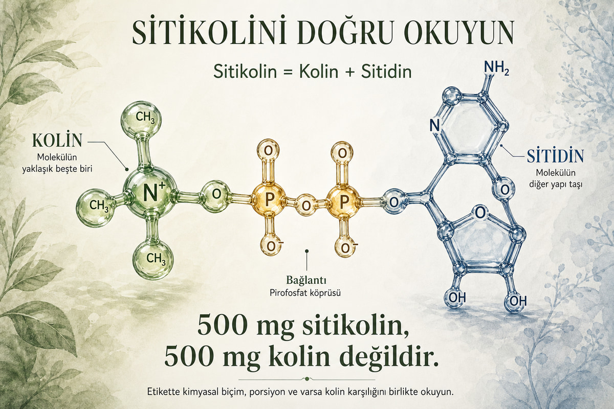 Sitikolin molekülünün kolin, sitidin ve pirofosfat köprüsünden oluşan yapısı