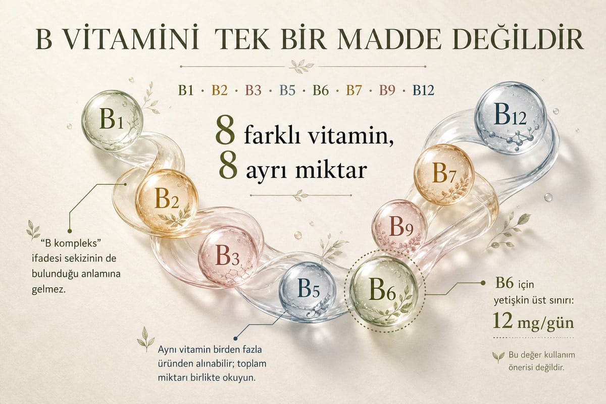Sekiz B vitamininin ayrı ayrı gösterimi ve B6 için yetişkin üst sınırı