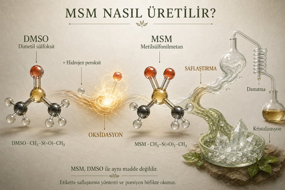 DMSO'nun oksidasyonla MSM'ye dönüşmesi ve damıtma ile kristalizasyon saflaştırma yolları