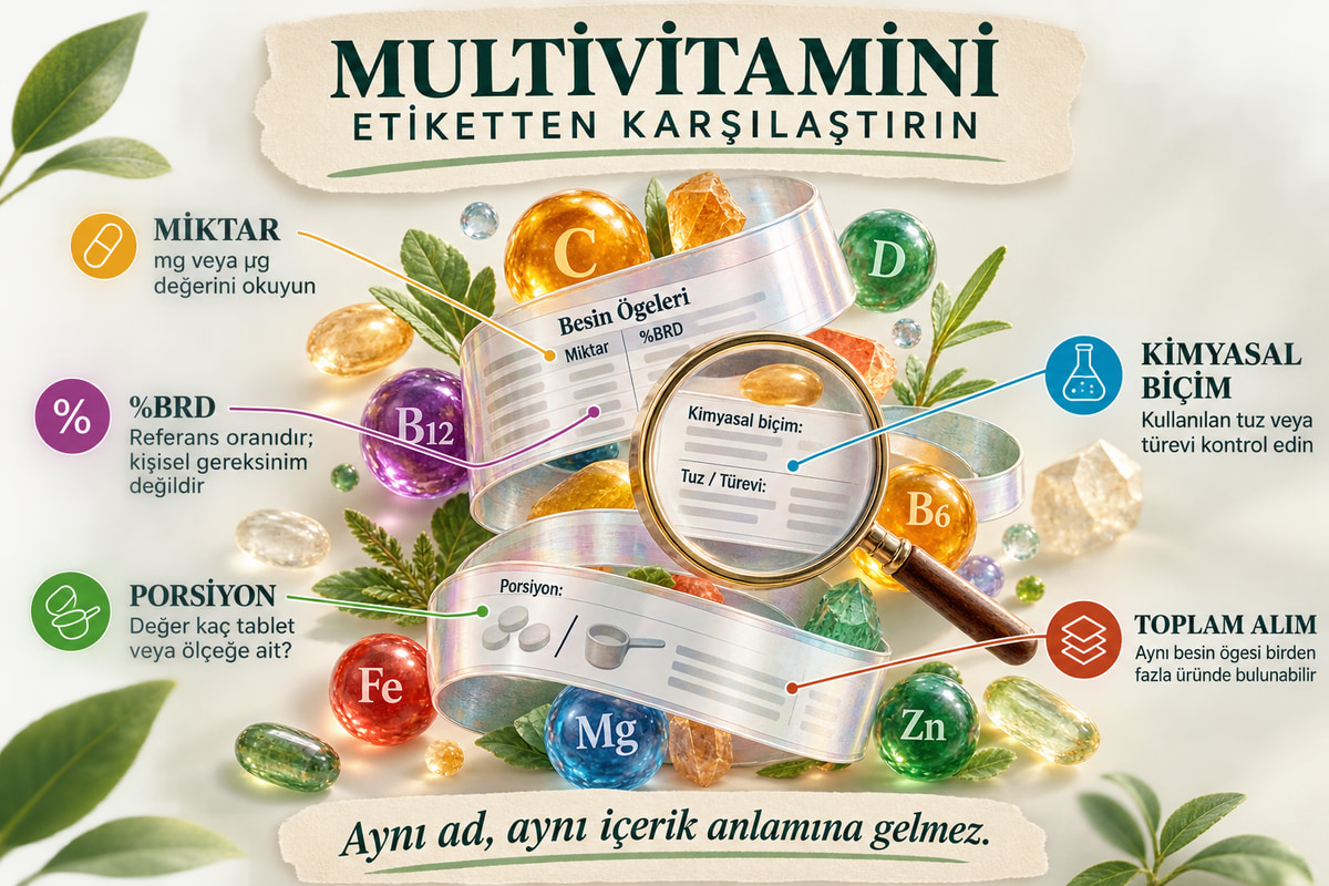 Multivitamin etiketinde miktar, beslenme referans değeri, kimyasal biçim, porsiyon ve toplam alım alanları