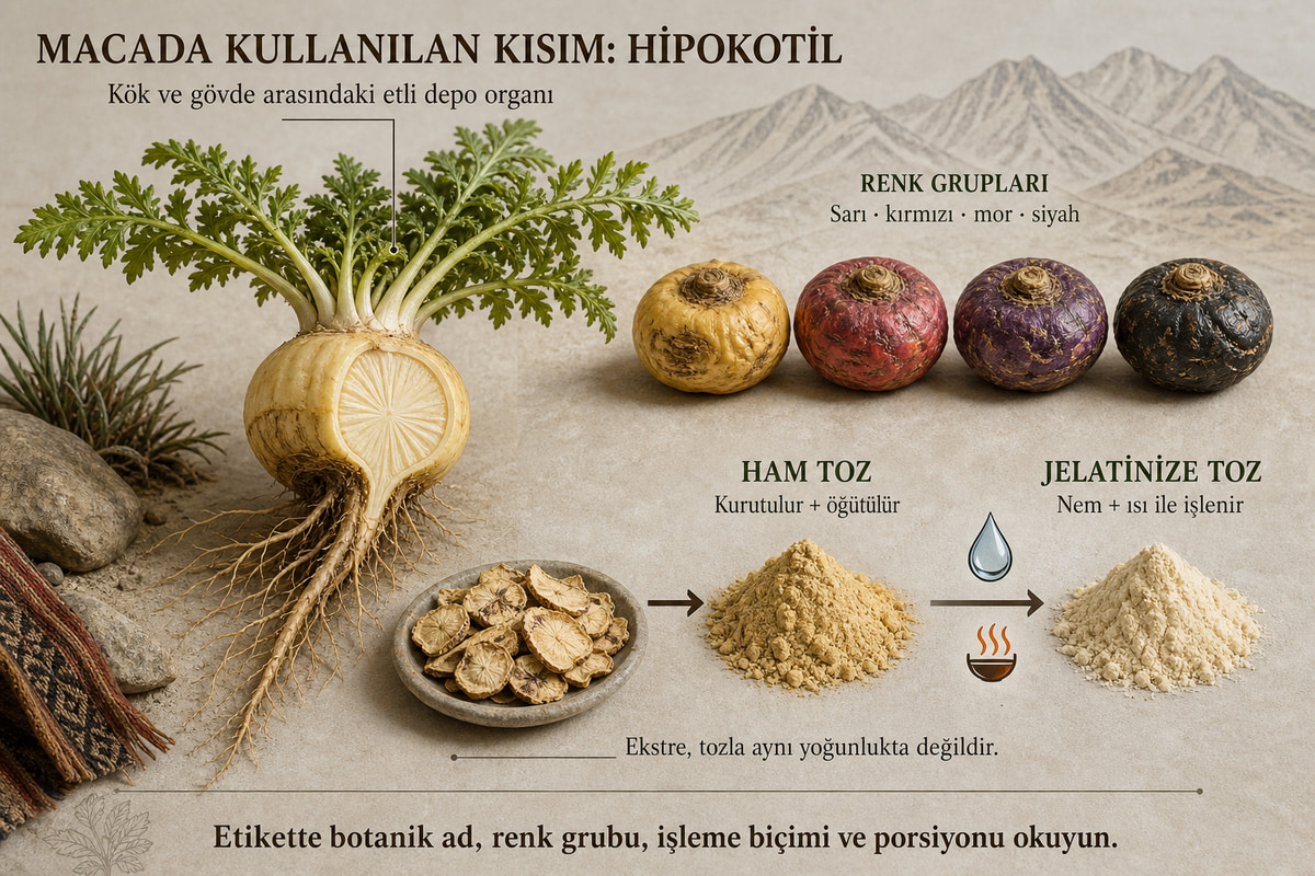 Maca bitkisinin hipokotili, dört renk grubu ile ham ve jelatinize toz işleme farkı