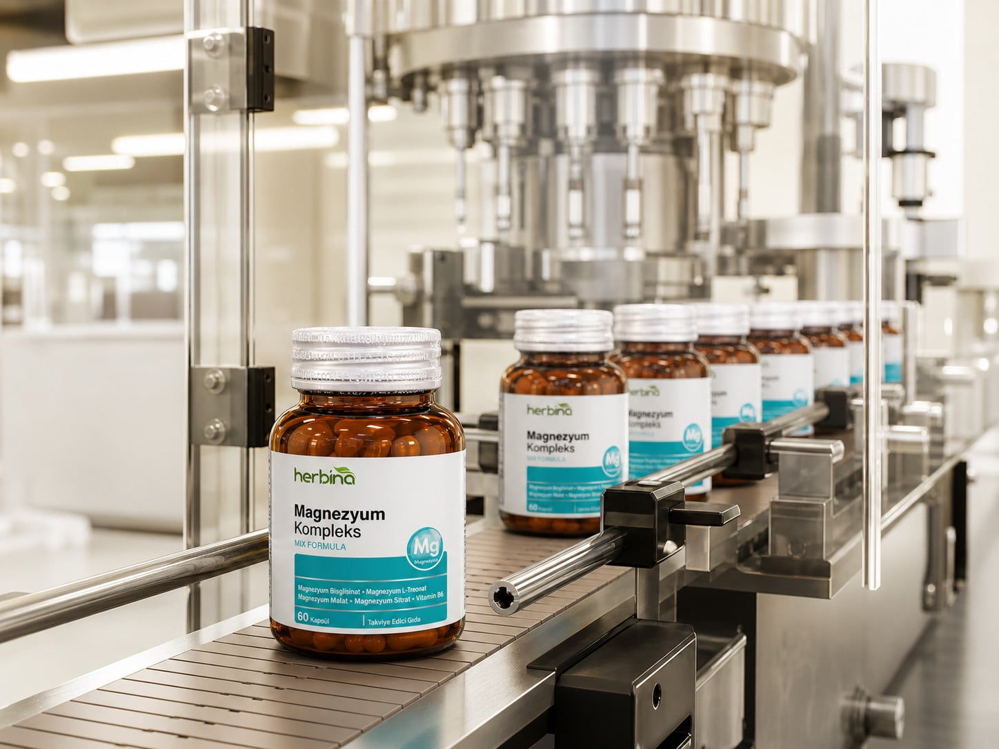 Herbina etiketli ürünlerin otomatik dolum bandındaki görünümü